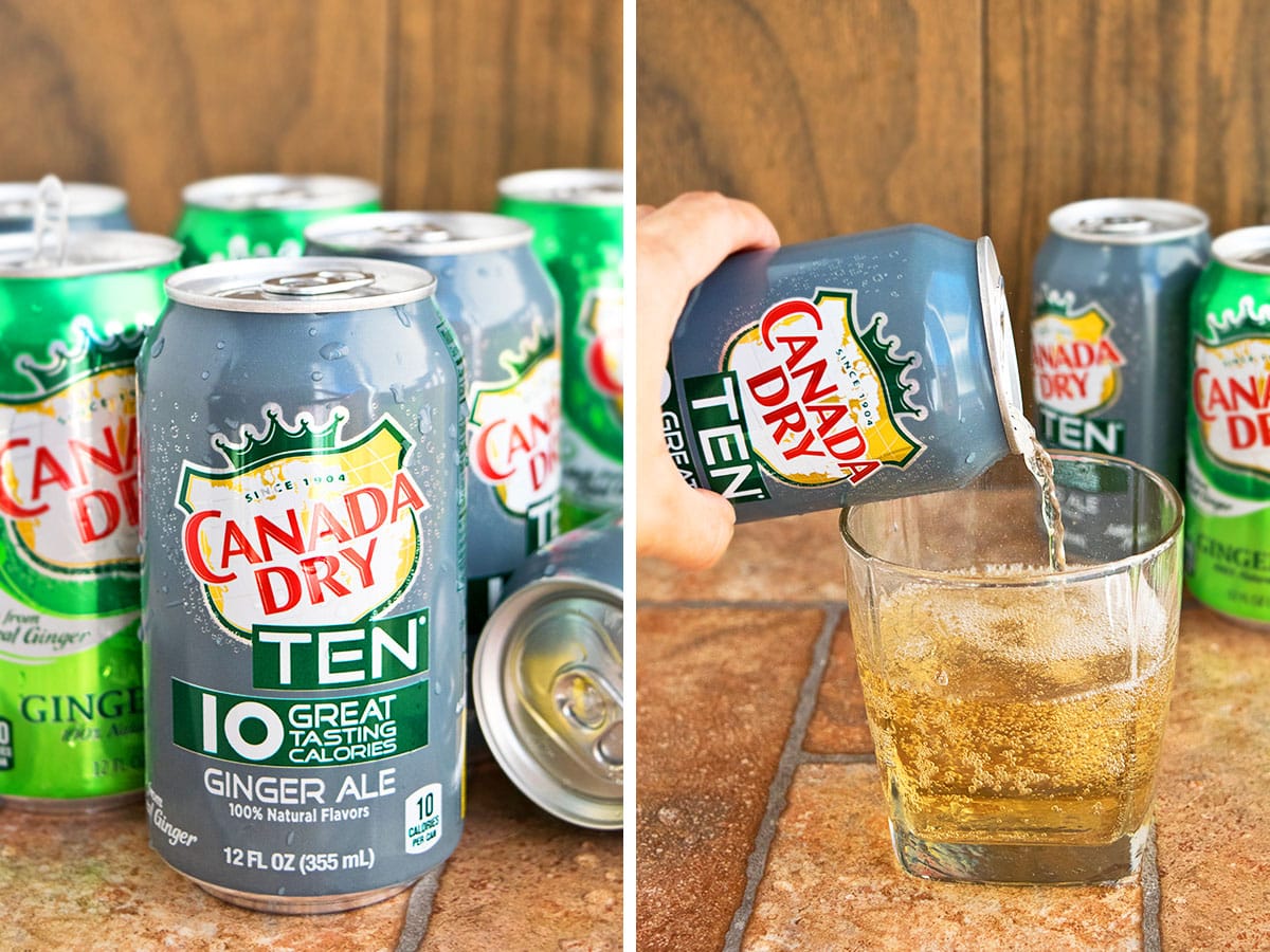 Collage Image of Canada Dry Ginger Ale Cans and Ginger Ale Being Poured in a Glass Cup. 
