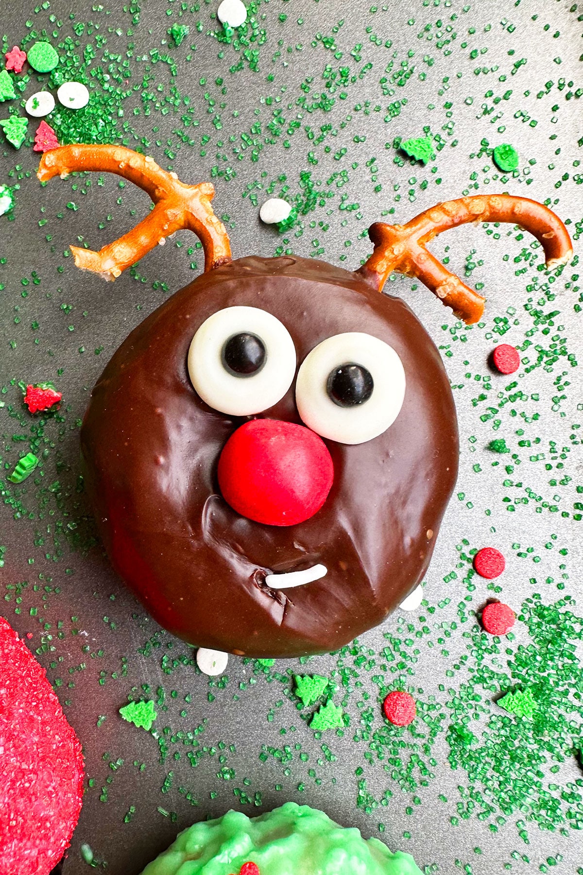 Easy Reindeer Donut (Rudolph/Rudolf) on Gray Tray.
