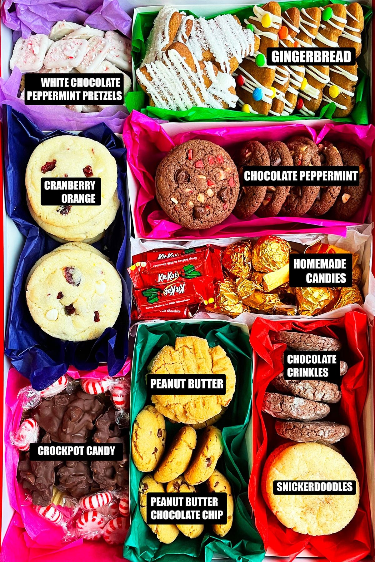 Large Box of Holiday Cookies With Labels on Them- Closeup Shot.