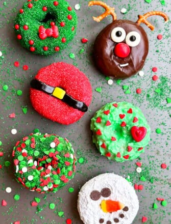 Easy Christmas Donuts on Large Gray Dish (Snowman, Reindeer, Santa, Wreath, Grinch)