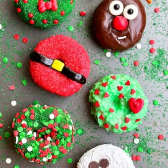 Easy Christmas Donuts on Large Gray Dish (Snowman, Reindeer, Santa, Wreath, Grinch)