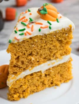 Slice of Easy Pumpkin Cake With Cake Mix and Cream Cheese Frosting