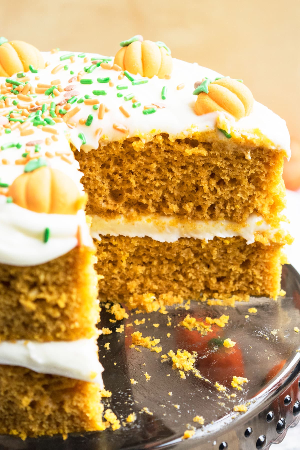 Closeup Shot of Spiced Layer Cake With One Slice Removed