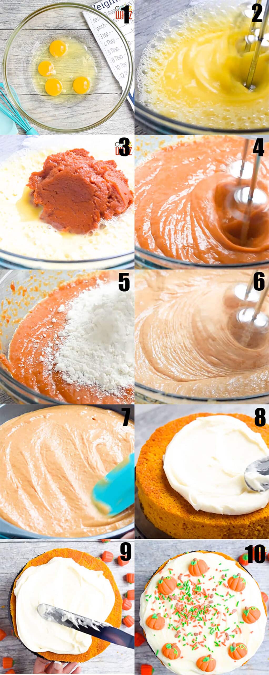 Collage Image With Step By Step Process Shots on How to Make Pumpkin Cake With Cake Mix Box