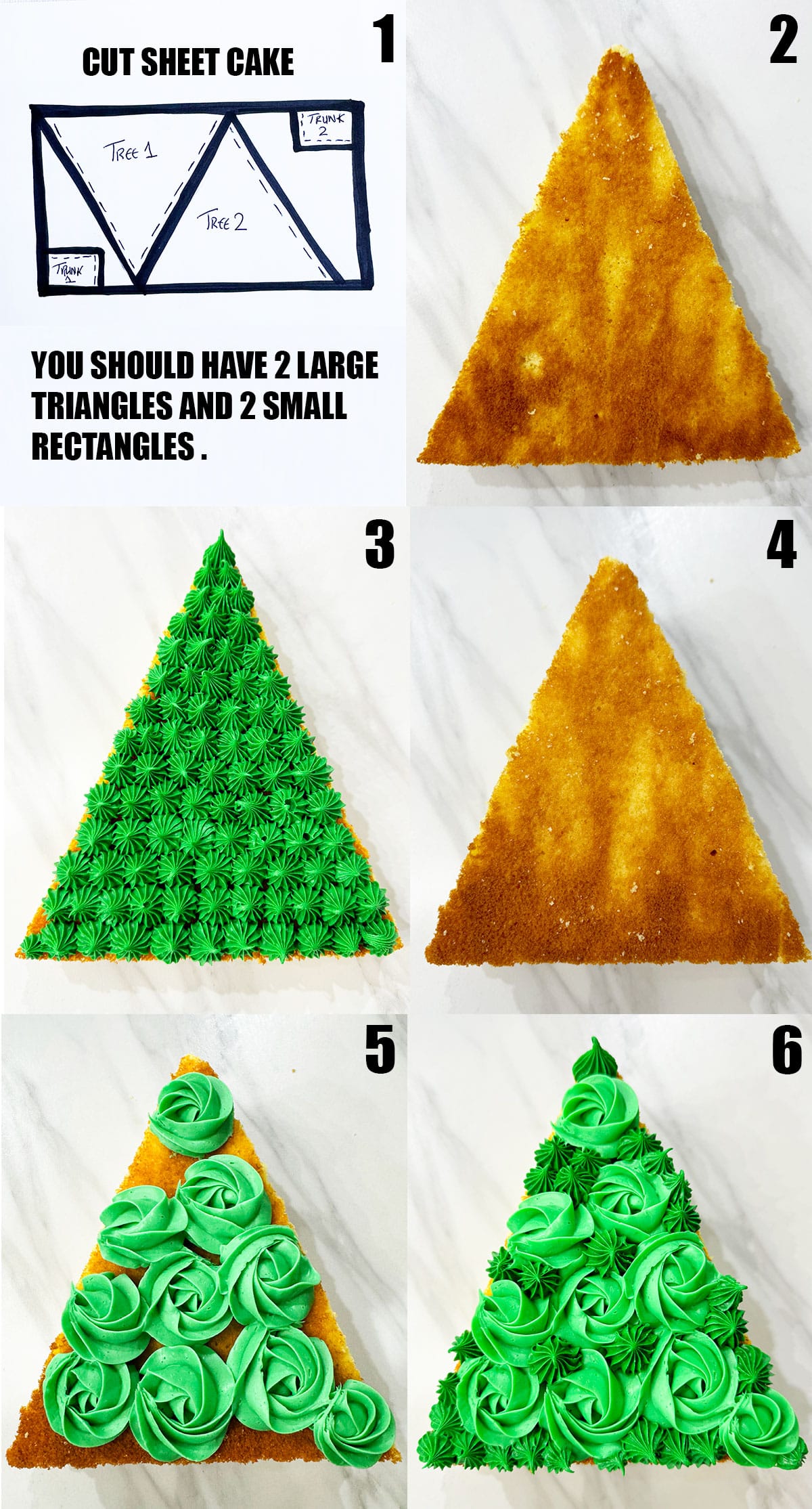 Collage Image With Step by Step Process Shots on How to Make Christmas Tree Cake. 
