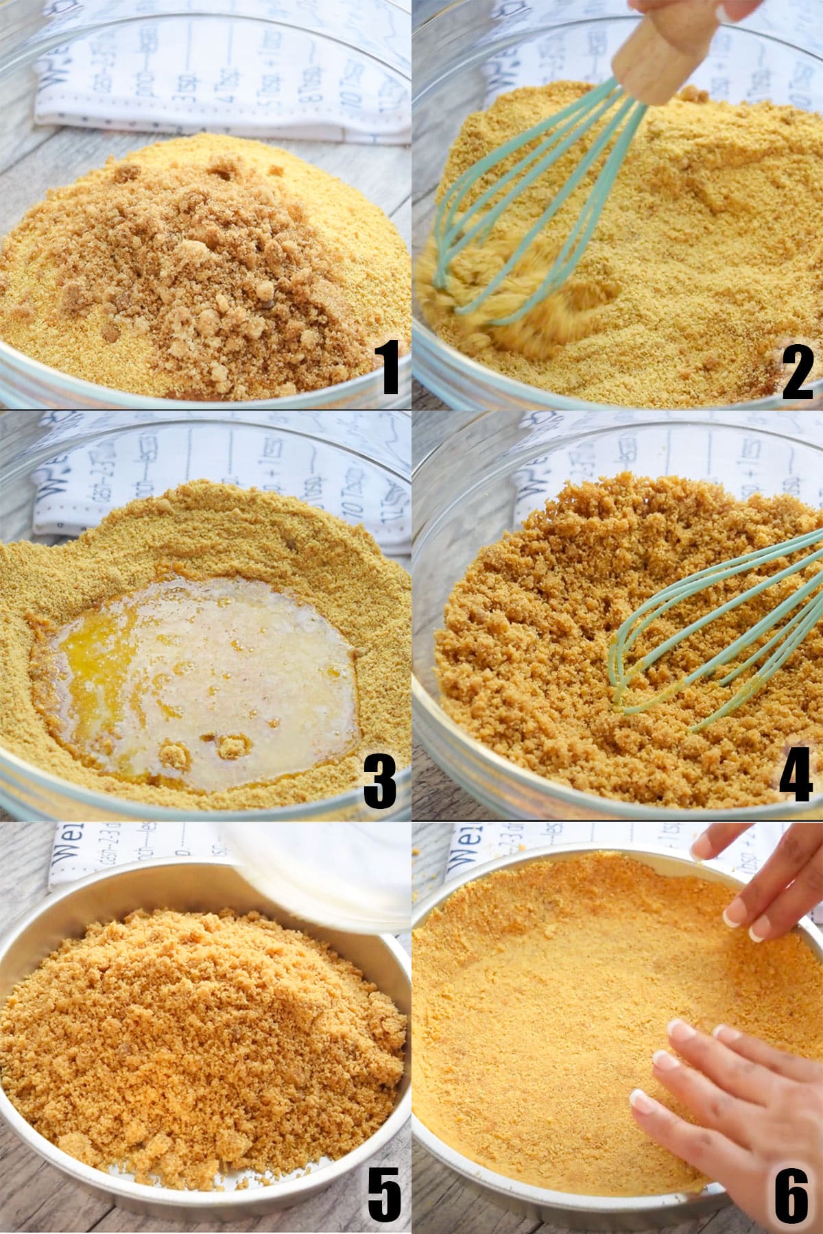 Collage Image With Step by Step Process Shots on How to make Graham Cracker C Crust.