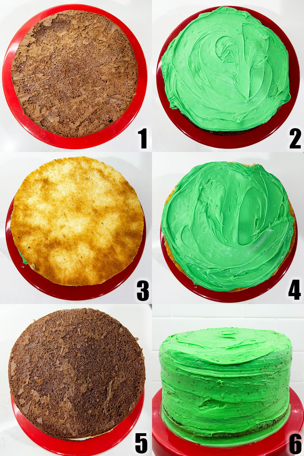 Collage Image With Step by Step Process Shots of How to Assemble Christmas Layer Cake. 