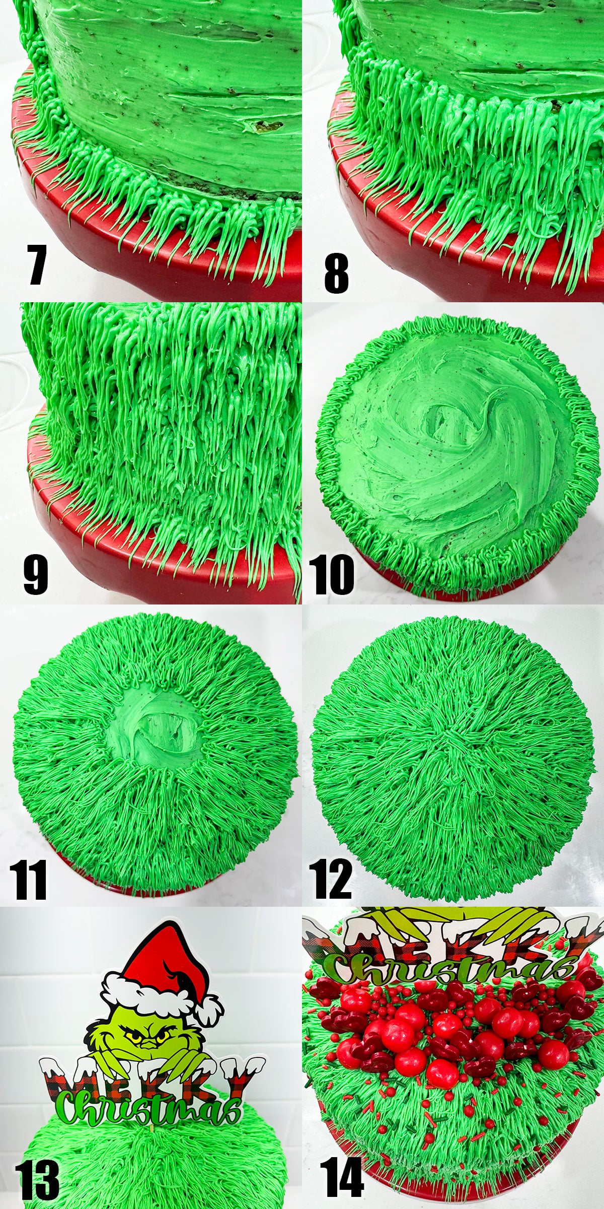 Collage Image With Step by Step Process Shots of How to Decorate Grinch Cake With Green Buttercream Icing. 