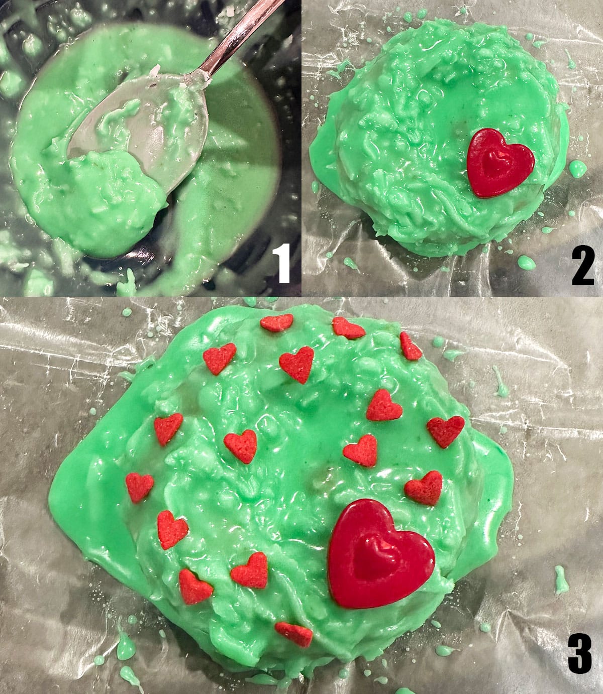 Collage Image With Step by Step Process Shots on How to Make Grinch Donuts.
