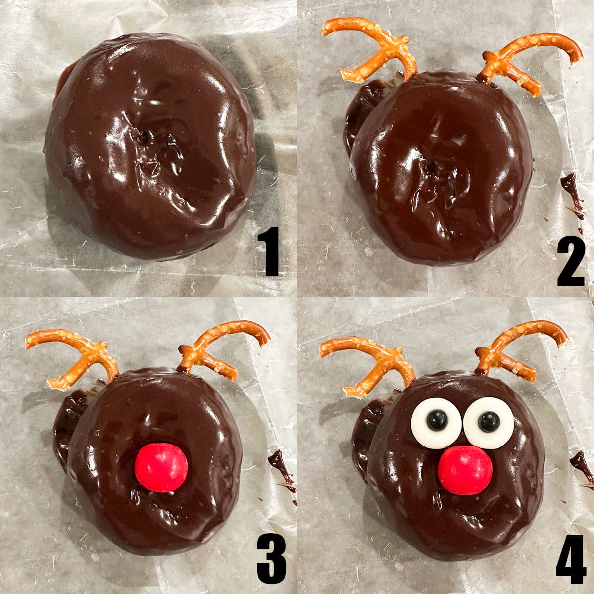 Collage Image With Step by Step Process Shots on How to Make Reindeer Donuts (Rudolph/Rudolf).