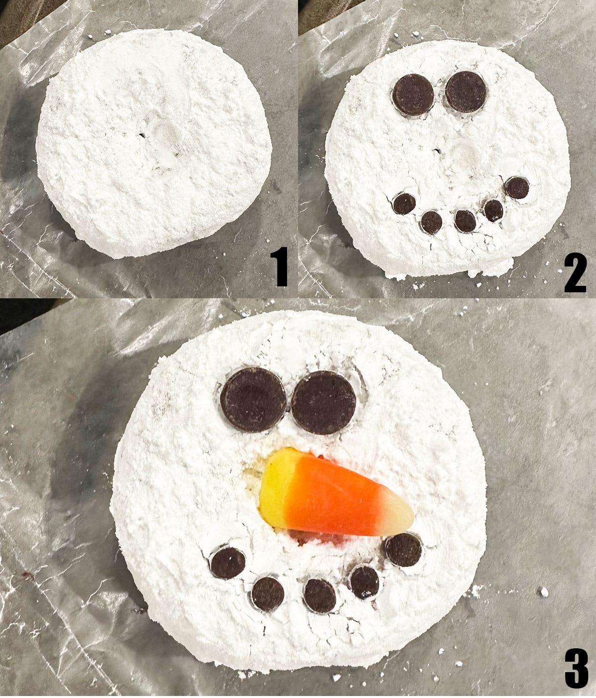 Collage Image With Step by Step Process Shots on How to Make Snowman Donuts.