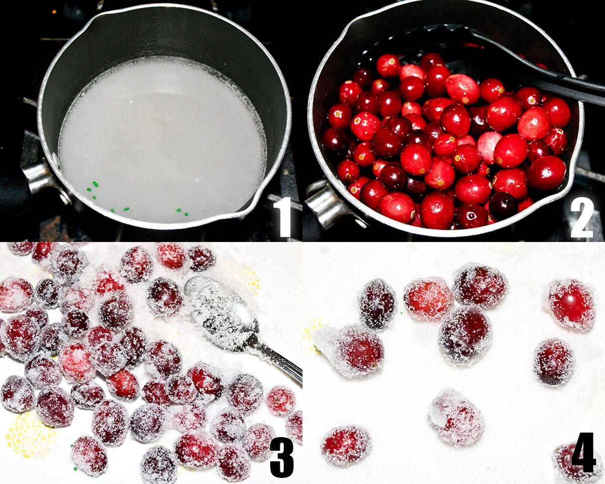 Collage Image With Step by Step Process Shots on How to Make Candied Cranberries.