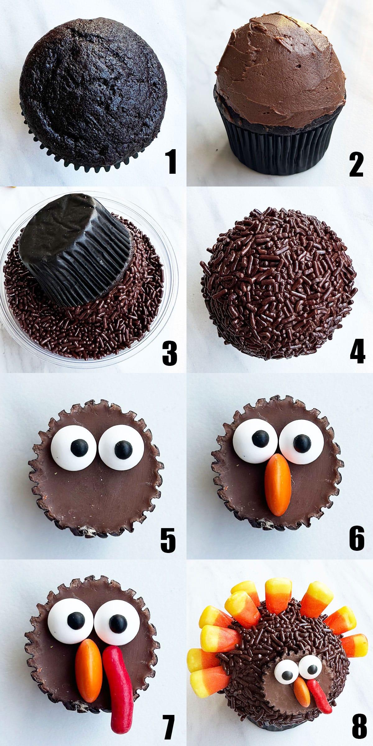 Collage Image With Step by Step Pictures on How to Make Thanksgiving Turkey Cupcakes.