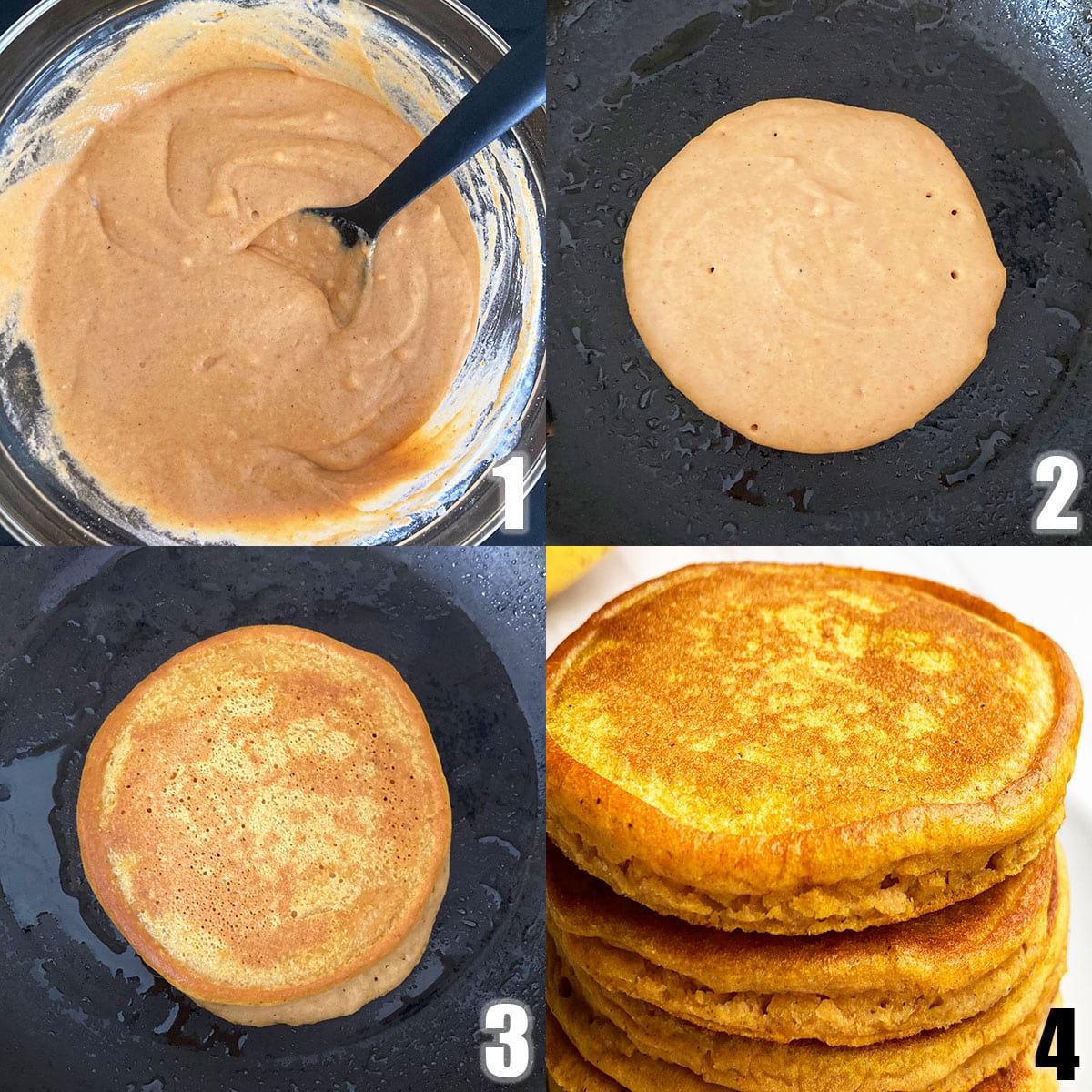 Collage Image With Step by Step Process Shots on How to Make Pumpkin Pancakes.