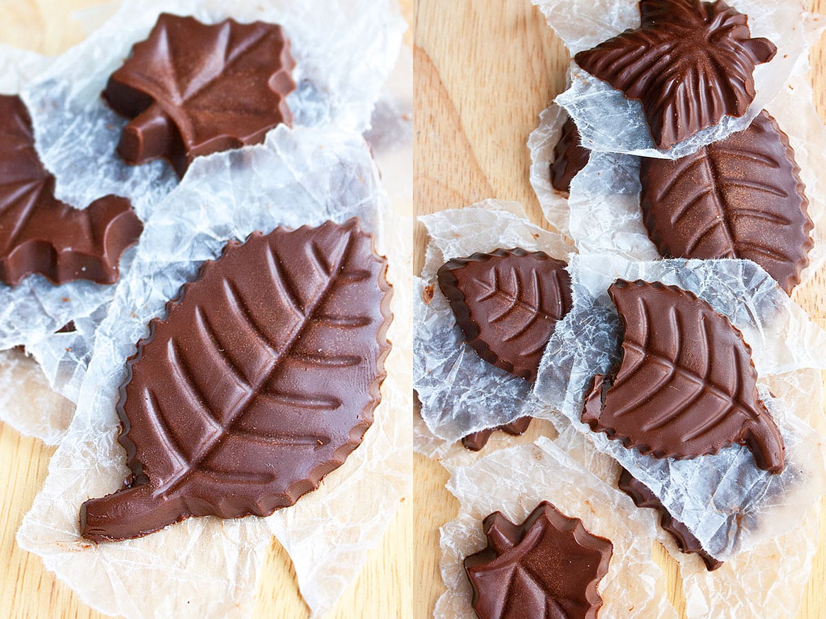 Chocolate Leaves From Mold on Wood Background. 