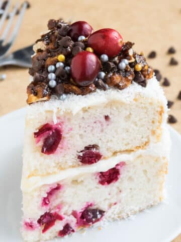 Easy Christmas Cranberry Cake With Cake Mix on White Dish.