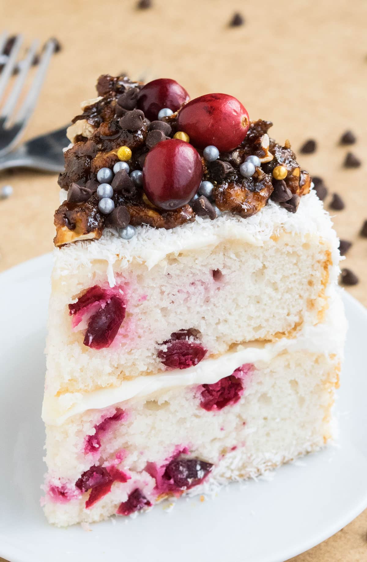 Easy Christmas Cranberry Cake With Cake Mix on White Dish. 