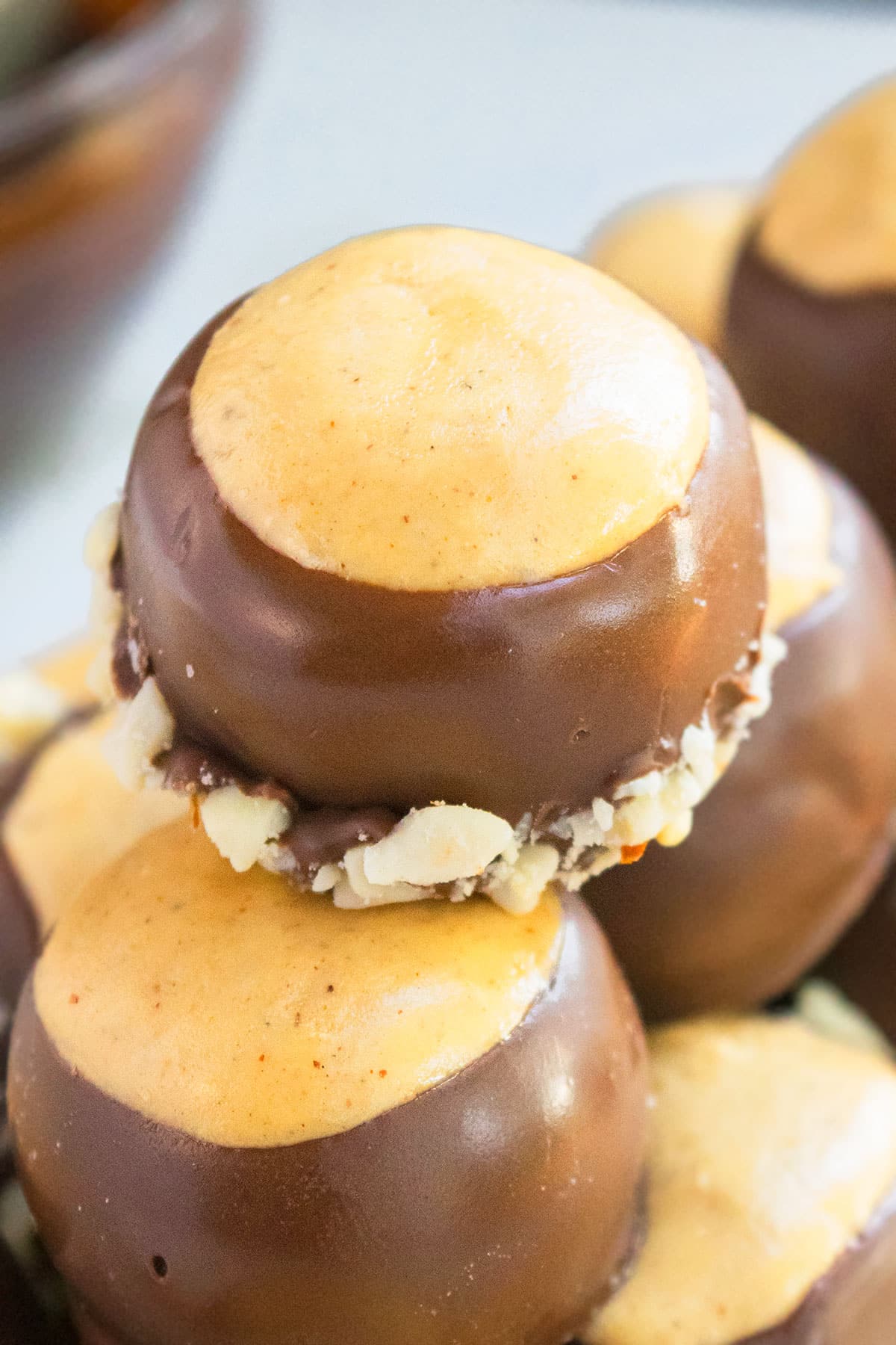 Closeup Shot of Choco Peanut Butter Balls on a Stack. 