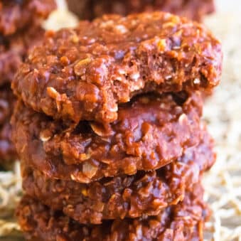 Easy Classic No Bake Cookies With Peanut Butter, Chocolate and Oats, Stacked on Top of Each Other.