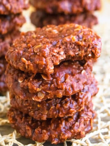 Easy Classic No Bake Cookies With Peanut Butter, Chocolate and Oats, Stacked on Top of Each Other.