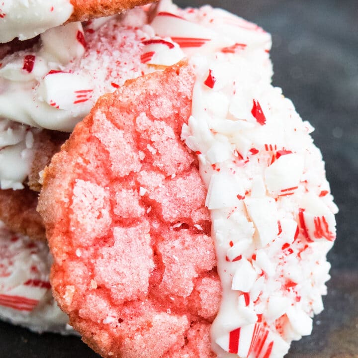 Soft & Chewy White Chocolate Peppermint Cookies 5 Easy White Chocolate Peppermint Cookies on Rustic Gray Background- Closeup Shot.