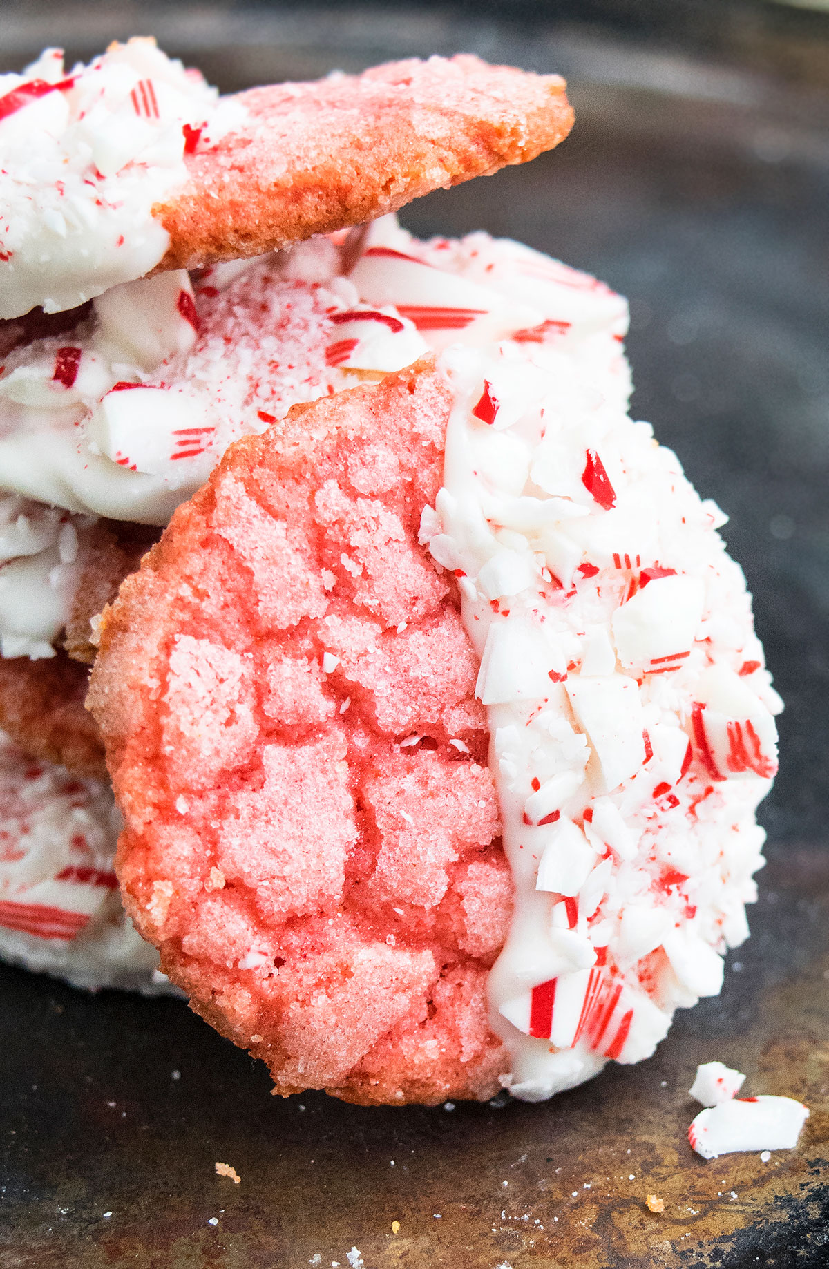 Easy White Chocolate Peppermint Cookies on Rustic Gray Background- Closeup Shot.