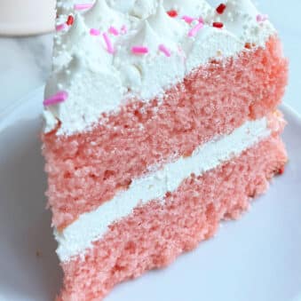 Pink Champagne Cake Slice on White Dish