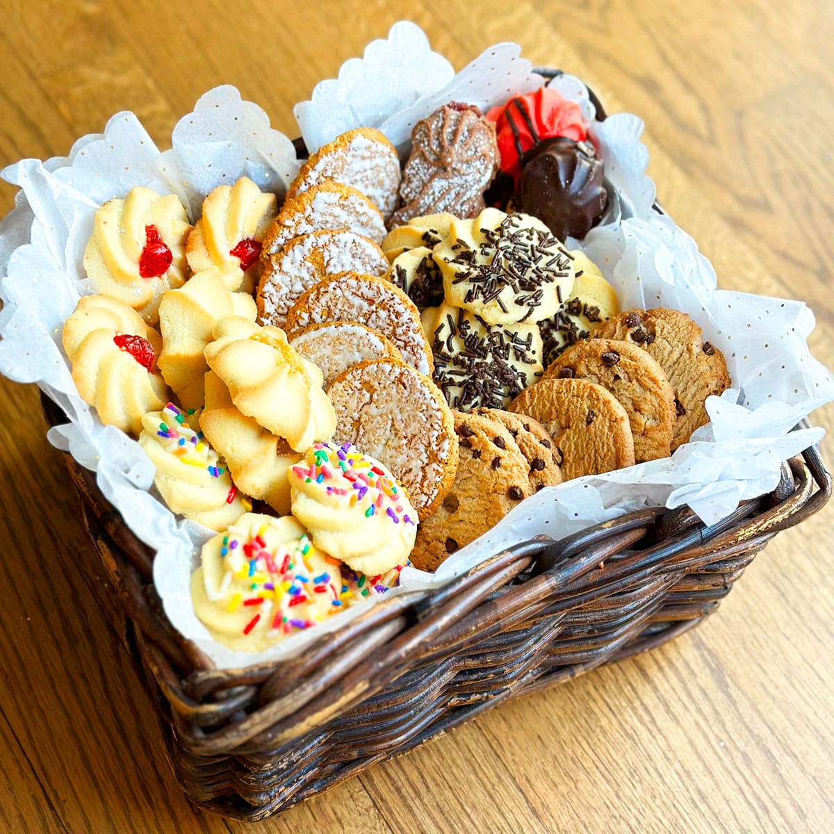 Homemade Cookie Basket Gift on Wood Background. 