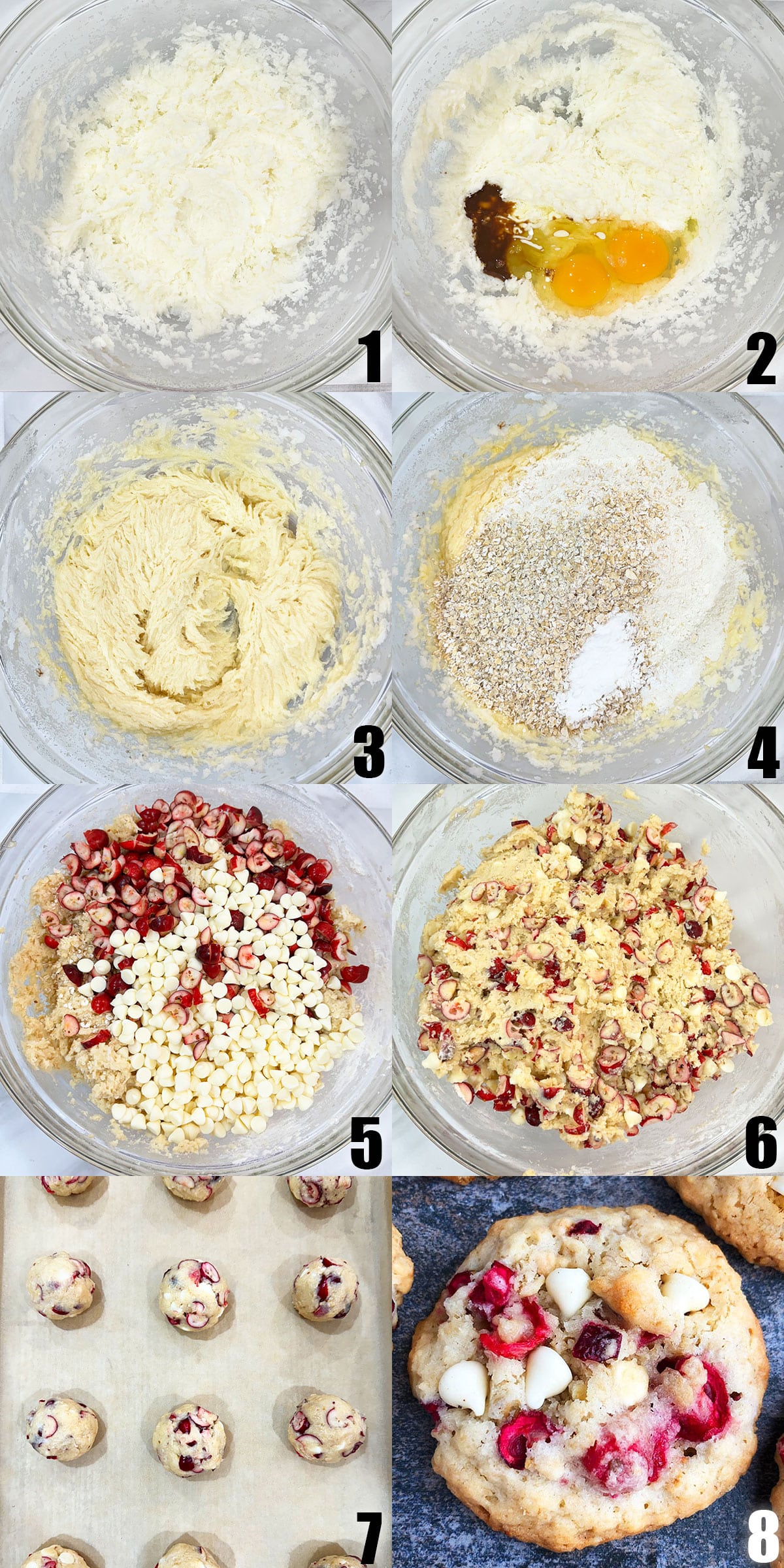 Collage Image With Step by Step Process Shots on How to Make Easy White Chocolate Cranberry Oatmeal Cookies.