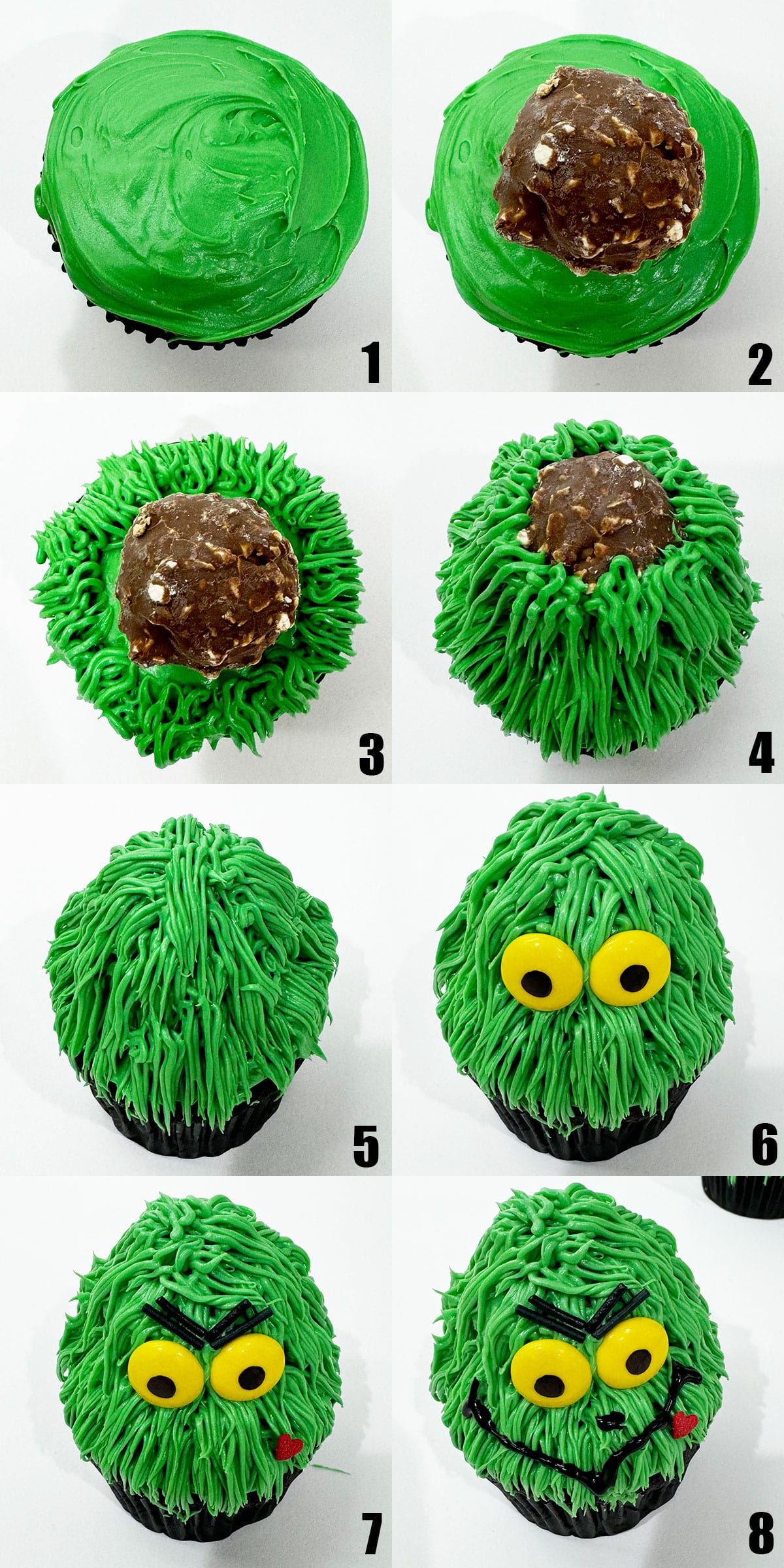 Collage Image With Step by Step process Shots on How to Make Grinch Cupcakes.