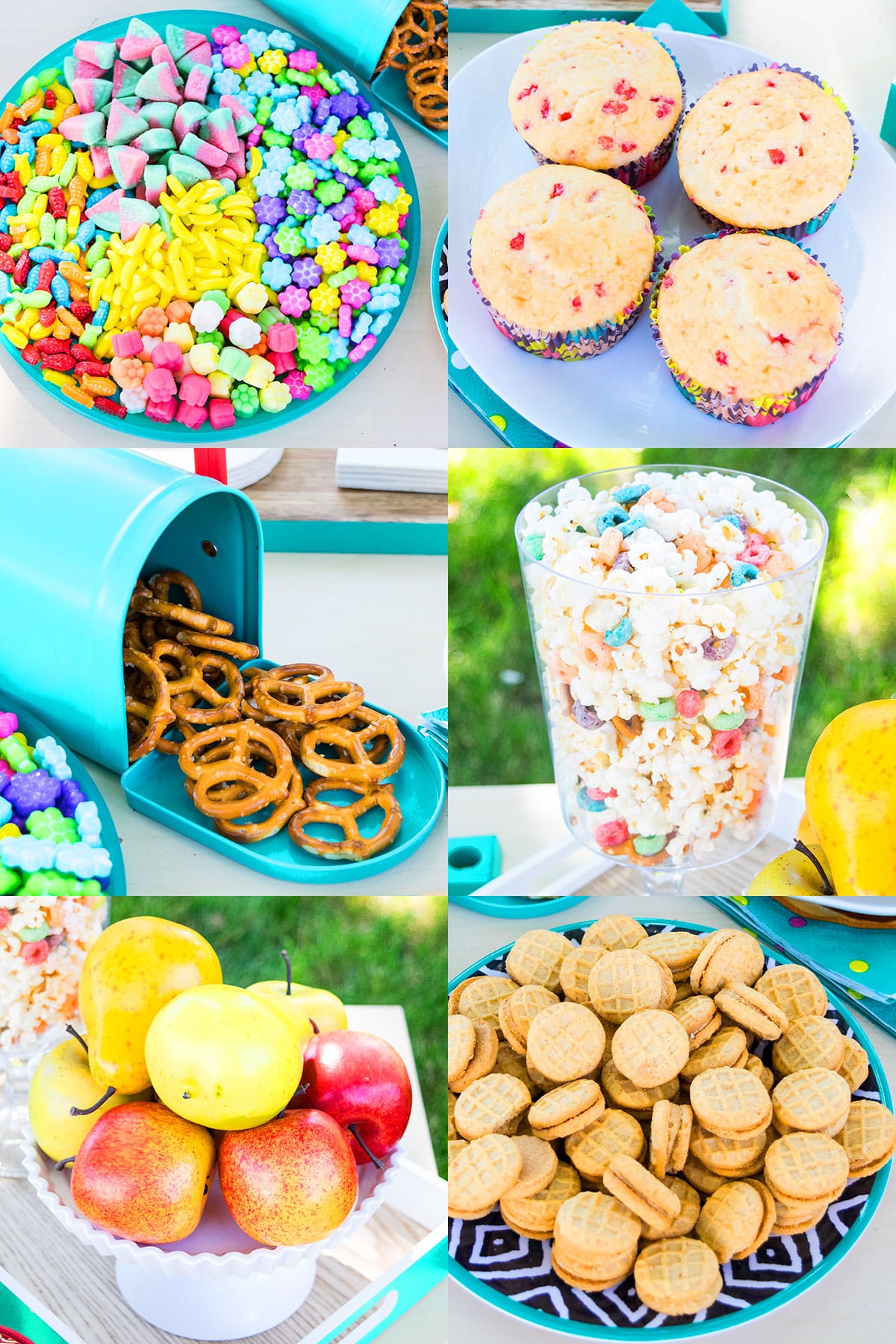 Collage Image With Kids Backyard Summer Party Food and Dessert Table. 
