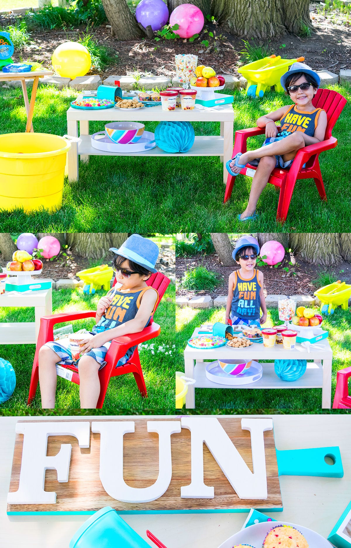 Collage Image With Kids Backyard Summer Party Setup. 