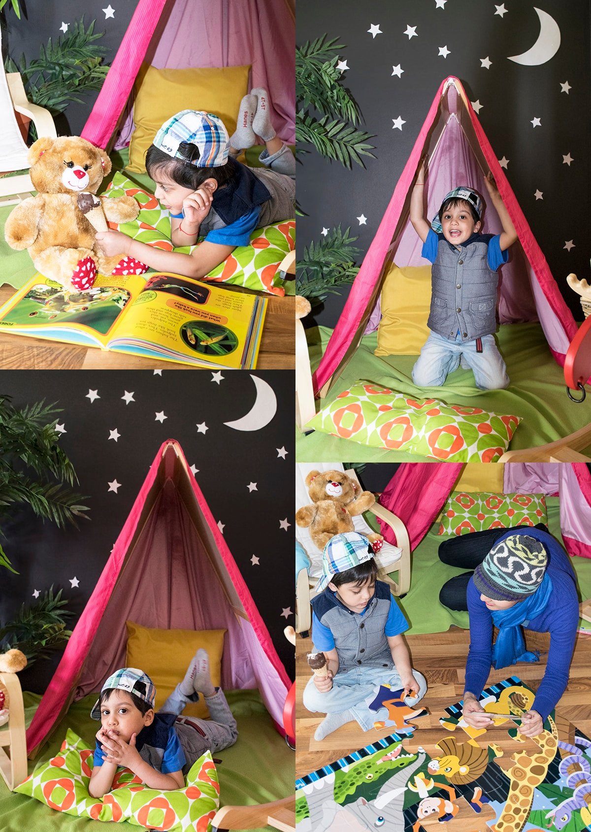 Collage Image With Indoor Camping Party Activities.