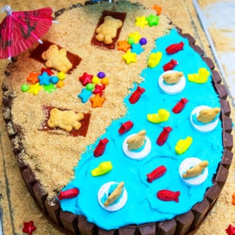 Easy Summer Cake (Beach Cake) With Kit Kat on Marble Background.