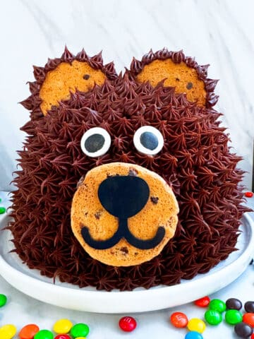 Easy Teddy Bear Cake With Chocolate Frosting on White Dish.