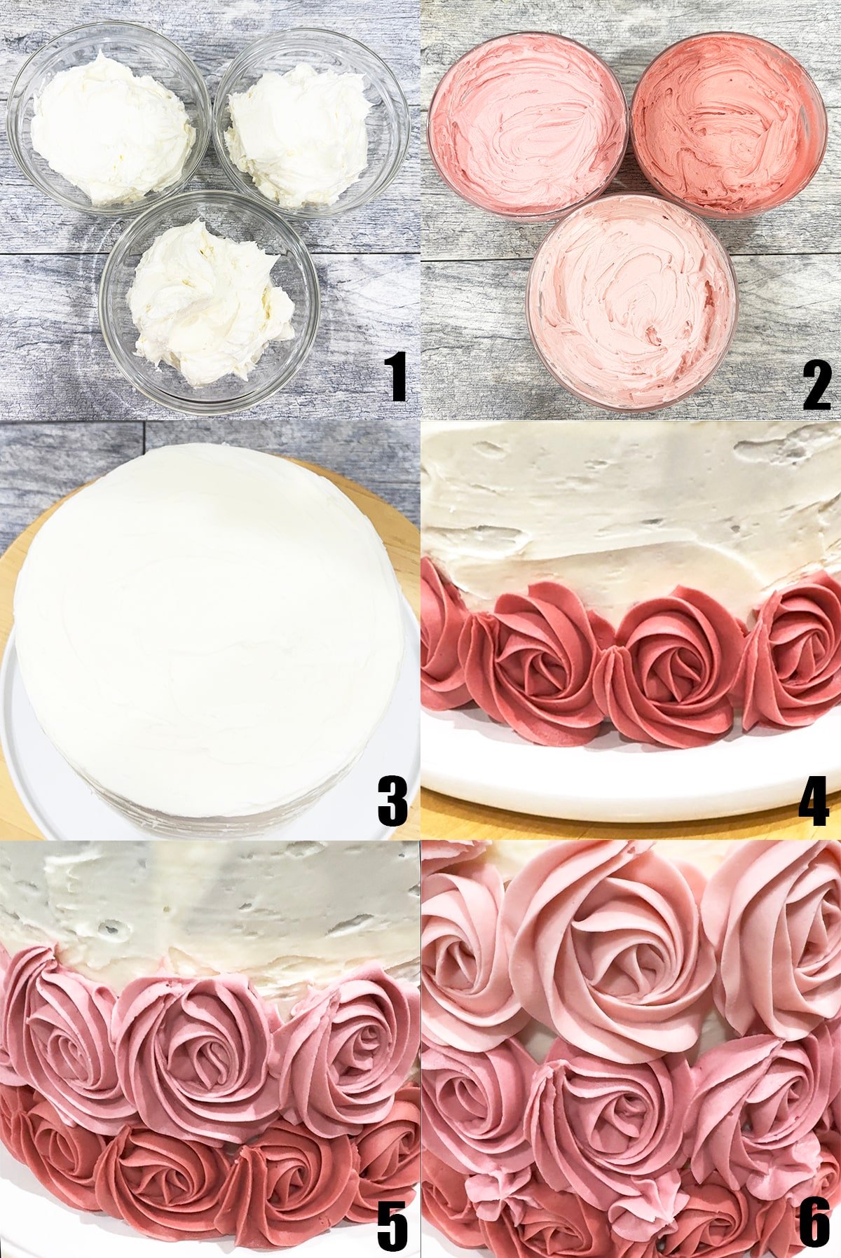 Collage Image With Step by Step Process Shots on How to Make Pink Ombre Cake- Part 1.