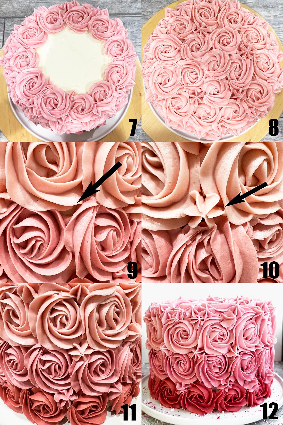 Collage Image With Step by Step Process Shots on How to Make Pink Ombre Cake- Part 2. 