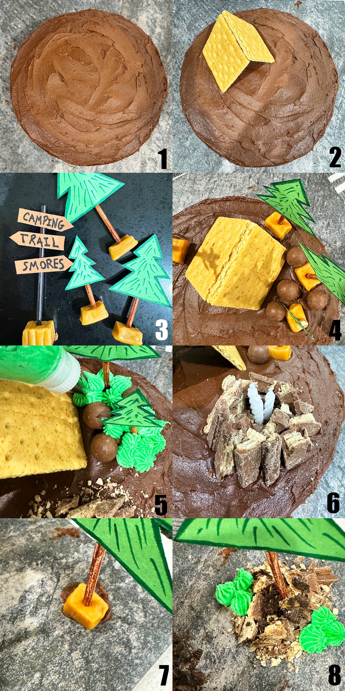 Collage Image With Step by Step Process Shots on How to Make Camping Cake- Part 1.