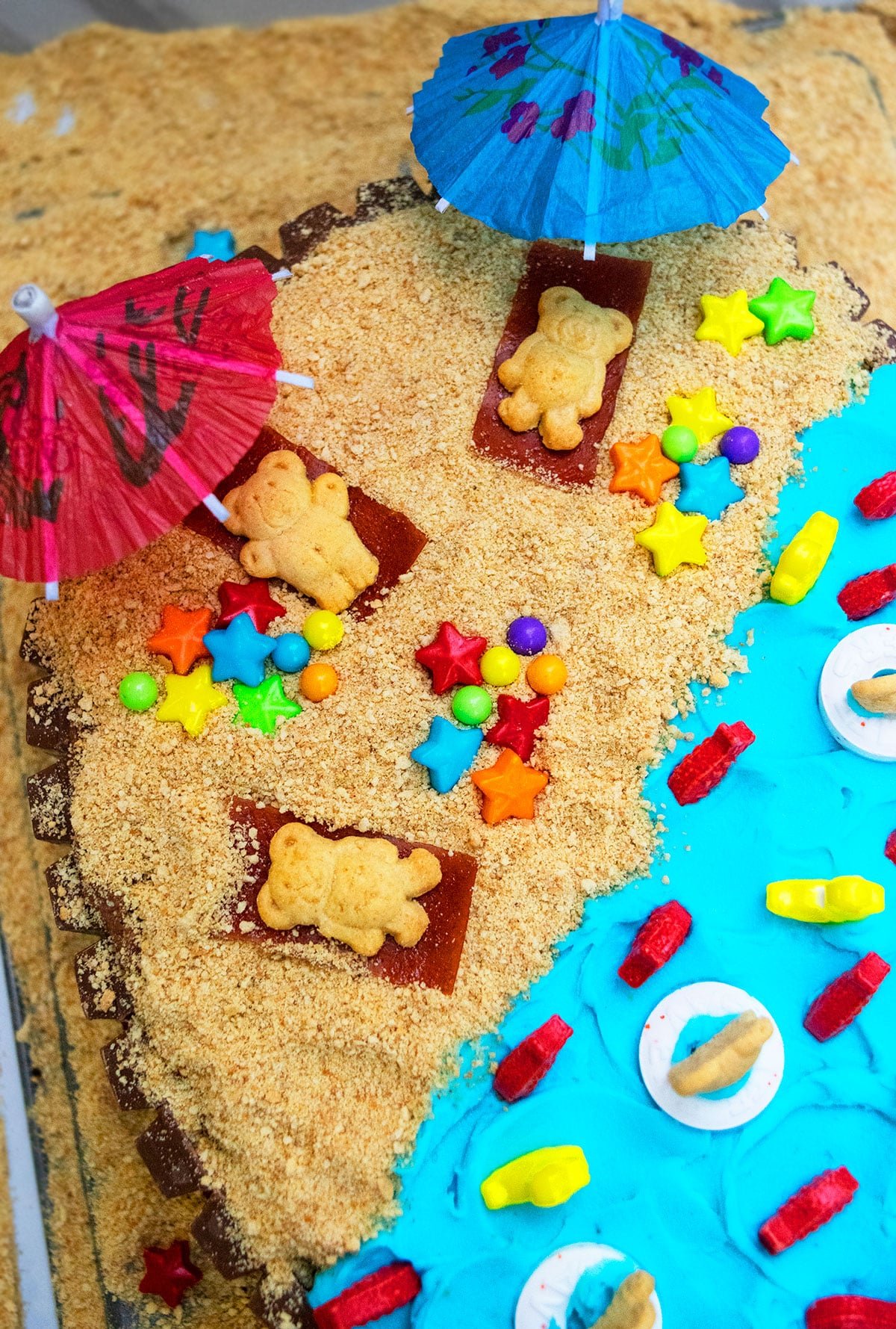 Homemade Summer Pool Party Cake- Overhead Shot. 
