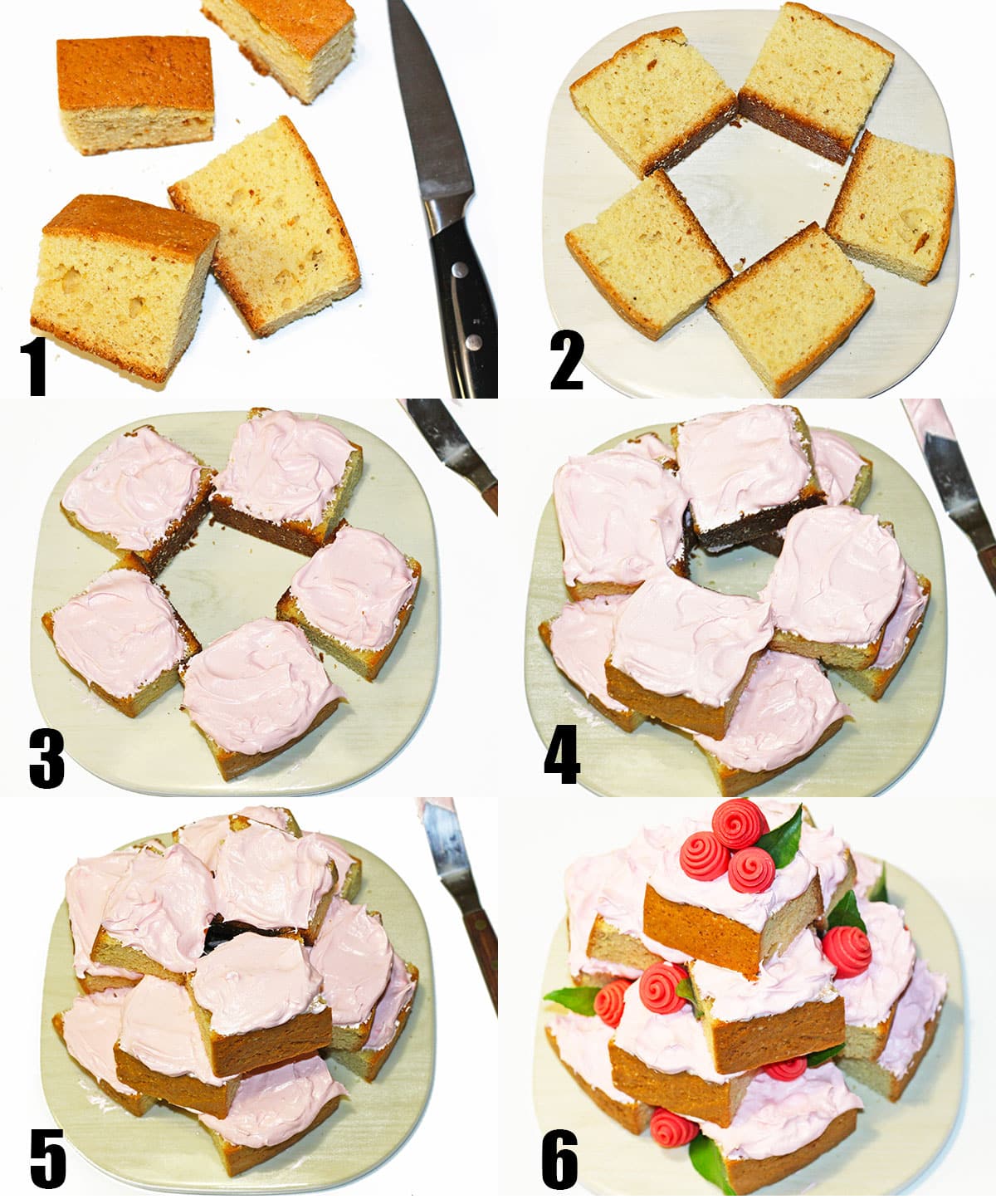 Collage Image With Step by Step Process Shots on How to Make Easy DIY Tower Cake. 