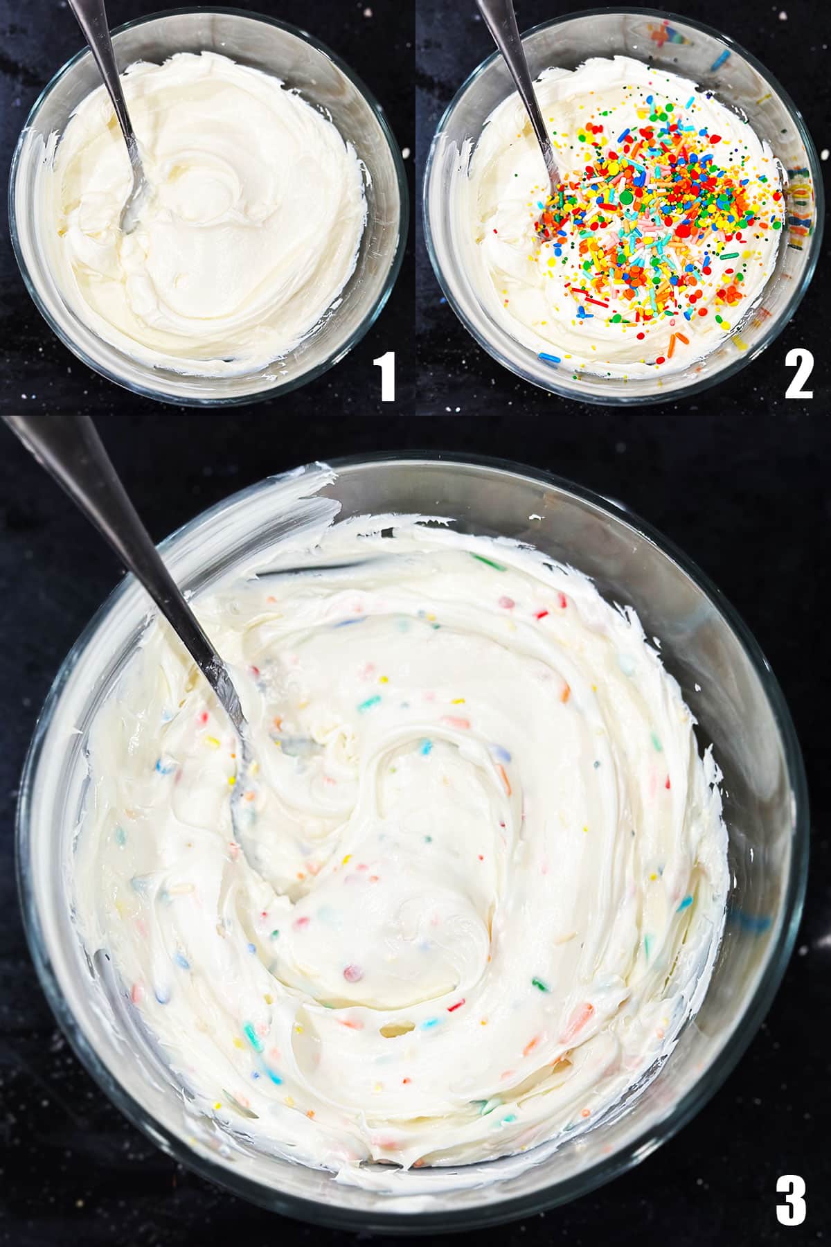 Collage Image With Step by Step Process Shots on How to Make Funfetti Frosting With Sprinkles.
