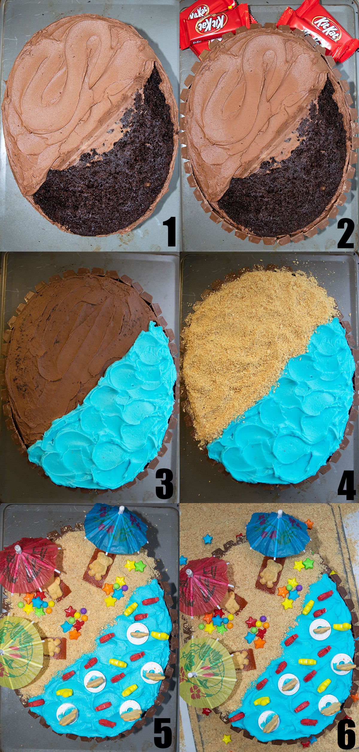 Collage Image With Step by Step Process Shots on How to Make Summer Cake With Kit Kat. 