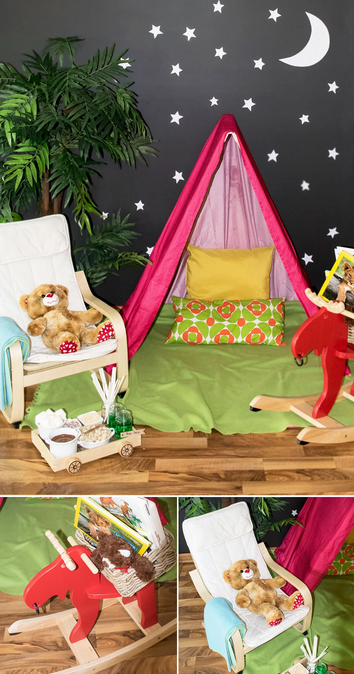 Collage Image With Indoor Camping Party Details.