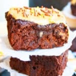 Slice of Coffee Brownies From Scratch With Mocha Glaze Stacked.