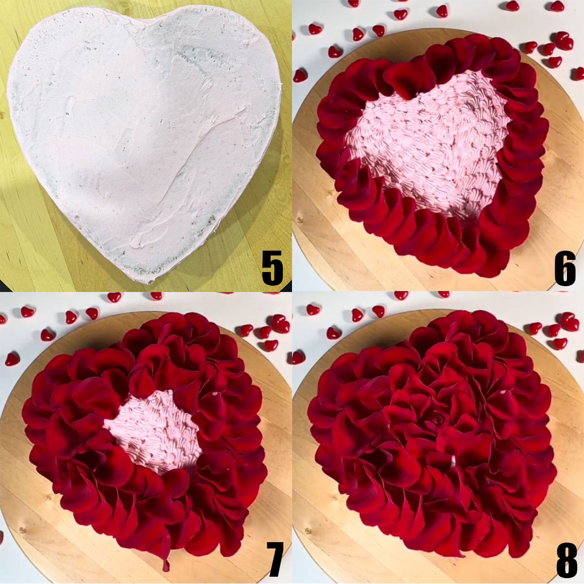 Collage Image With Step by Step Process Shots on How to Decorate Cake With Fresh Flower Petals. 