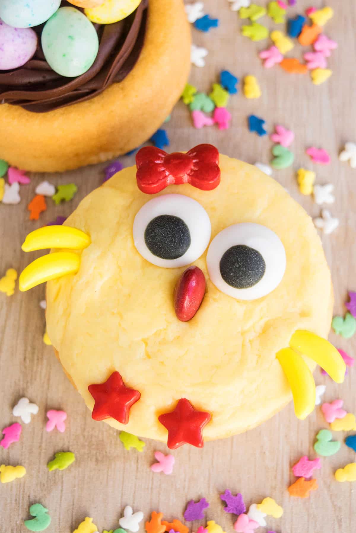 Homemade Easter Chick Cake on Rustic Wood Background.