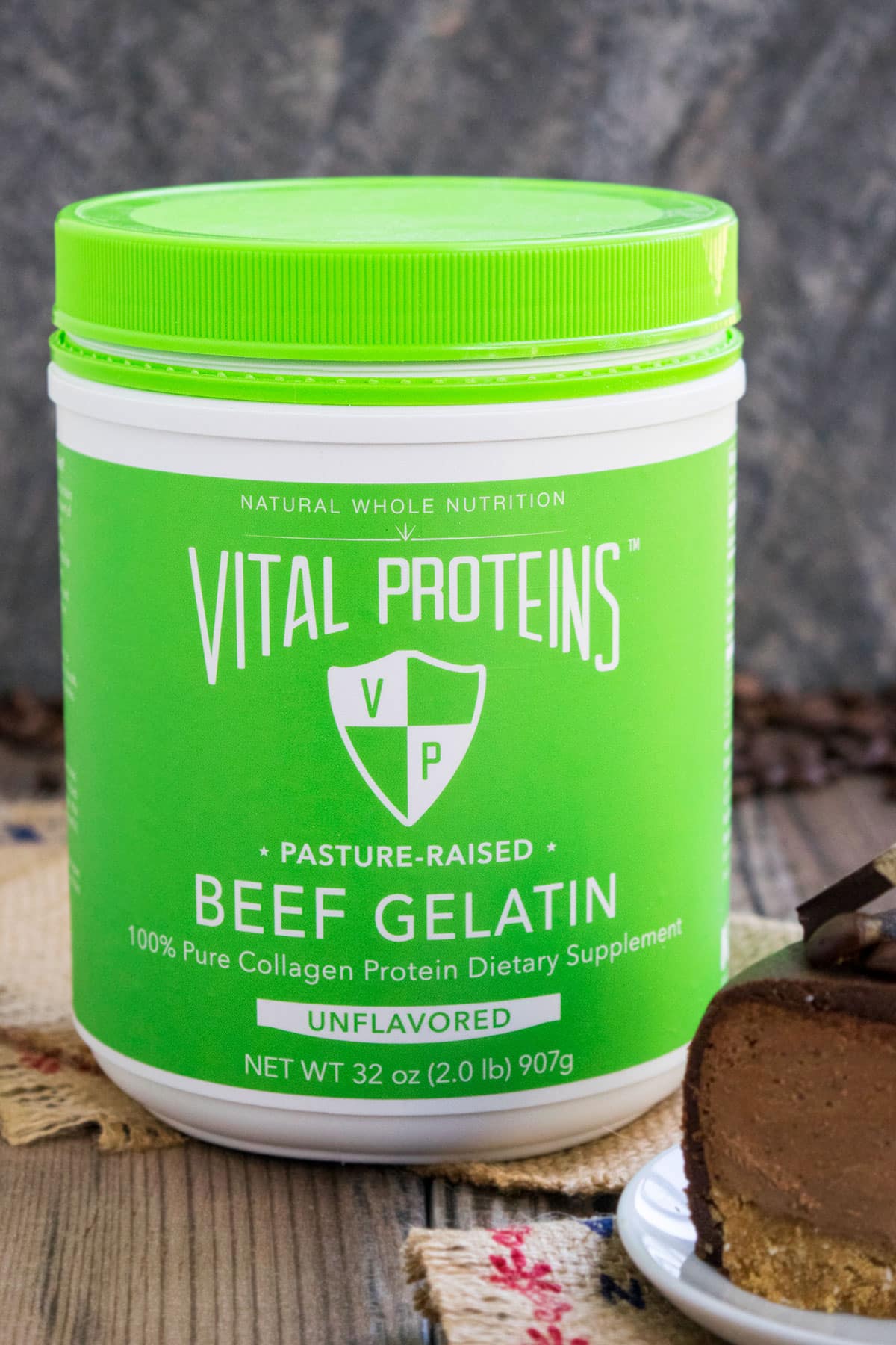 Bottle of Vital Proteins Gelatin on Rustic Background. 