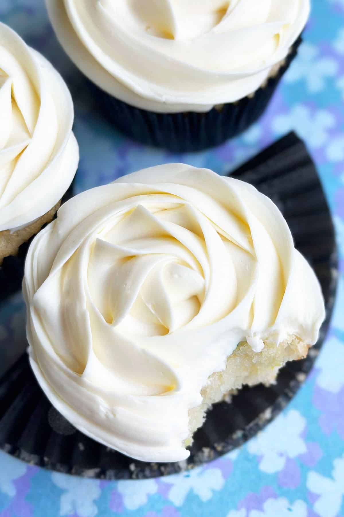 Closeup Shot of White Icing on Top of Cupcake. 