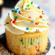 Best Easy Homemade Funfetti Cupcakes With Vanilla Buttercream Frosting- Liner Removed.