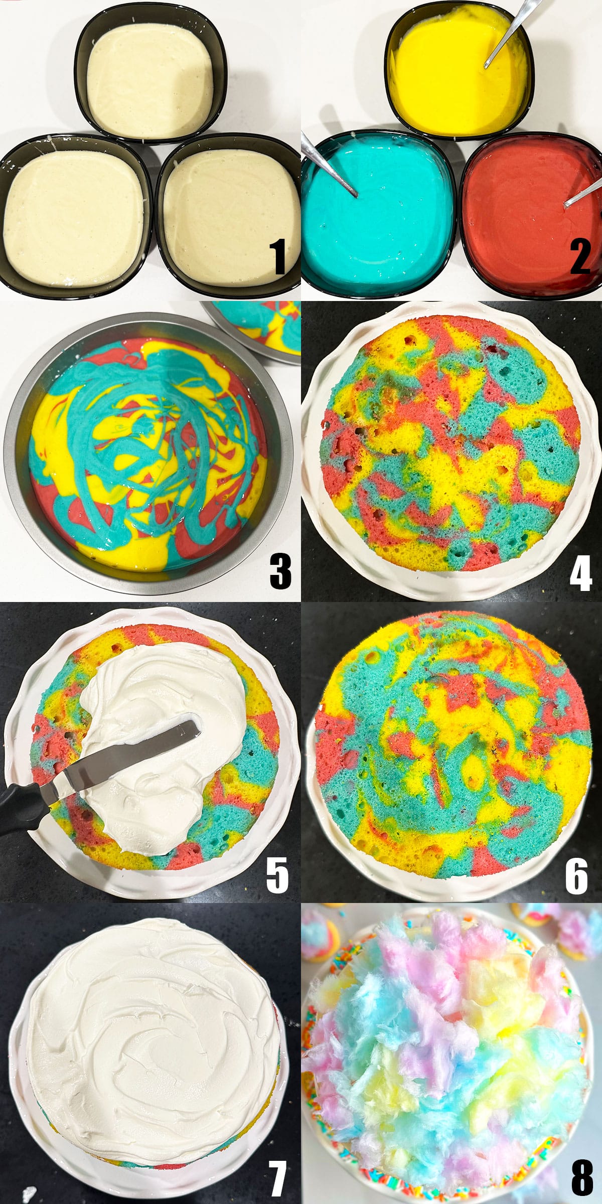 Collage Image With Step by Step Process Shots on How to Make Cotton Candy Layer Cake. 